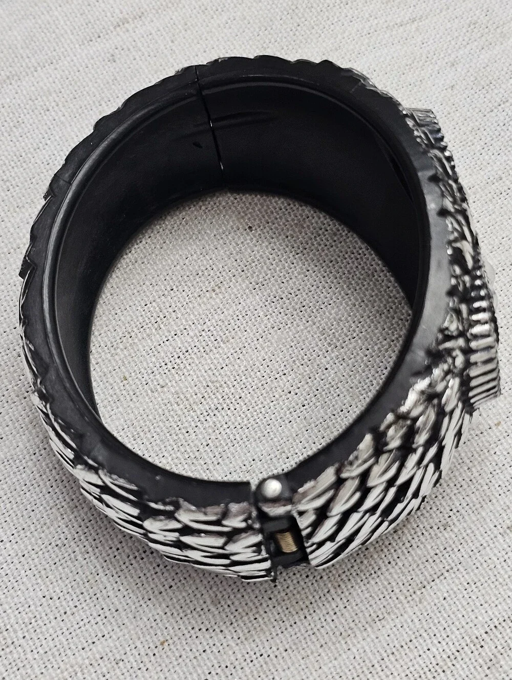 Owl Bangle Bracelet 7.75 inch Wrist Hinged Black Acrylic With Silvertone Accents